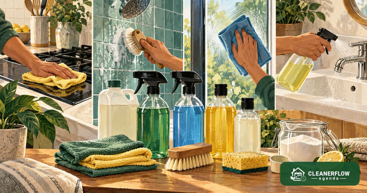 A row of refillable spray bottles with panels showing each one used on a different surface