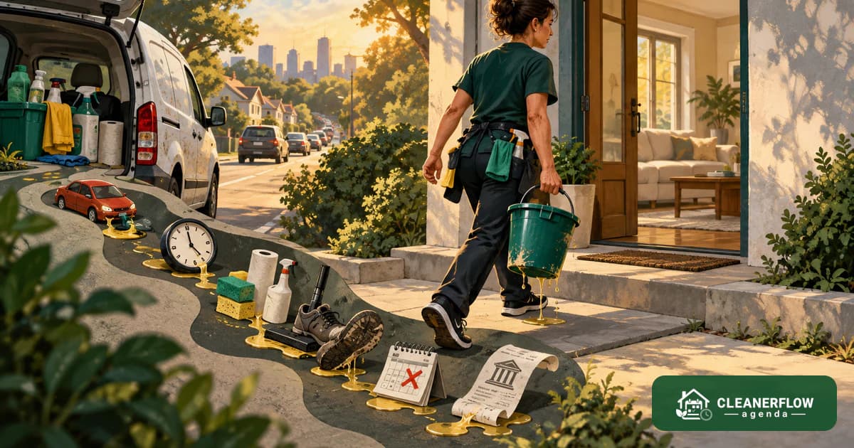 A cleaner walking from her van to a house along a path marked with fuel, time and supply costs