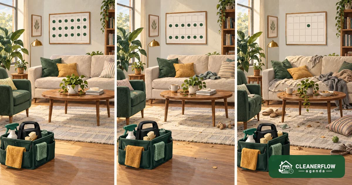 The same living room three times, with the wall calendar filling up more in each