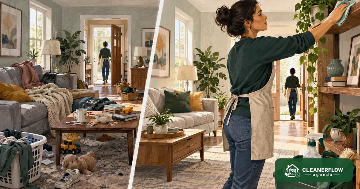 Two panels: a cluttered living room, and the same room being dusted from the top down