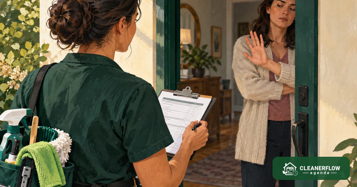A cleaner with a clipboard at a door while the client holds up a hand