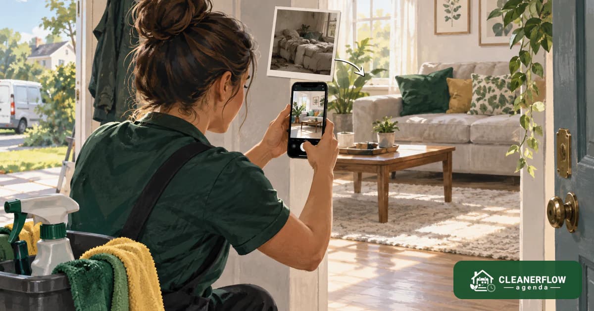 A cleaner photographing a finished living room with her phone
