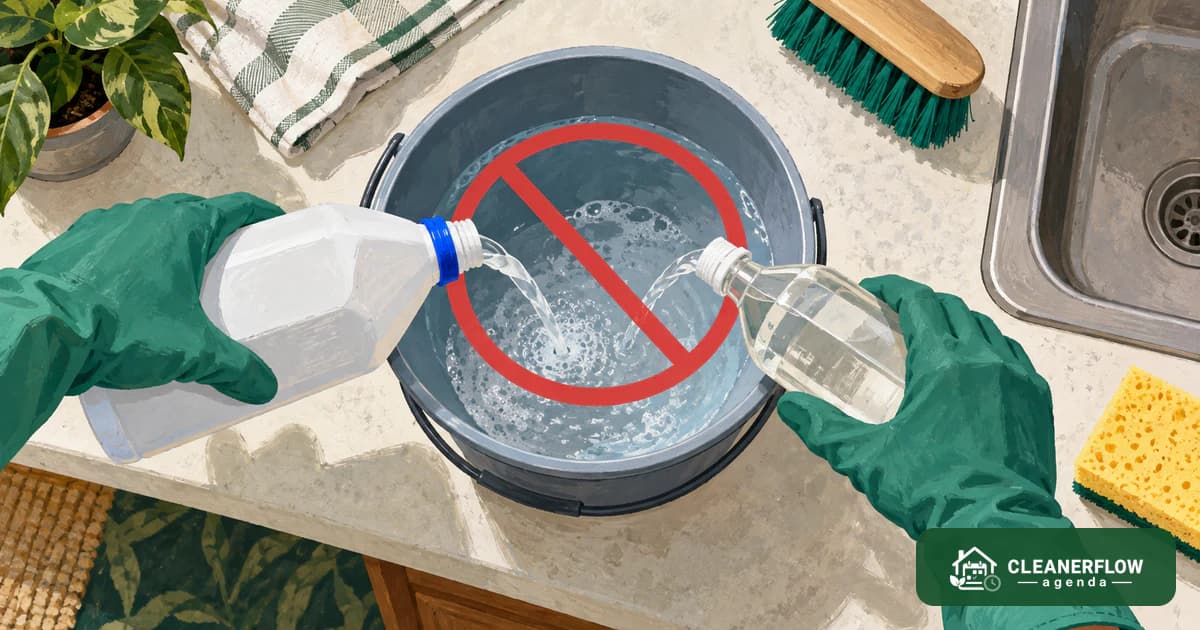 Two bottles being poured towards one bucket with a red prohibition sign over them