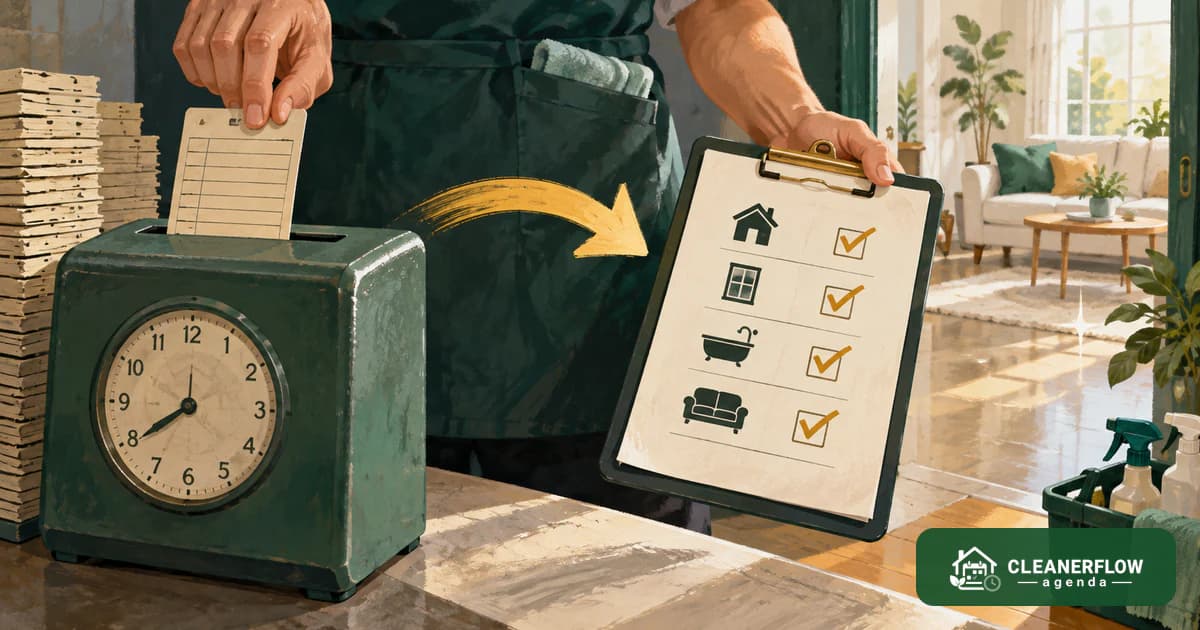 A clock stacked with coins beside a clipboard of ticked service icons